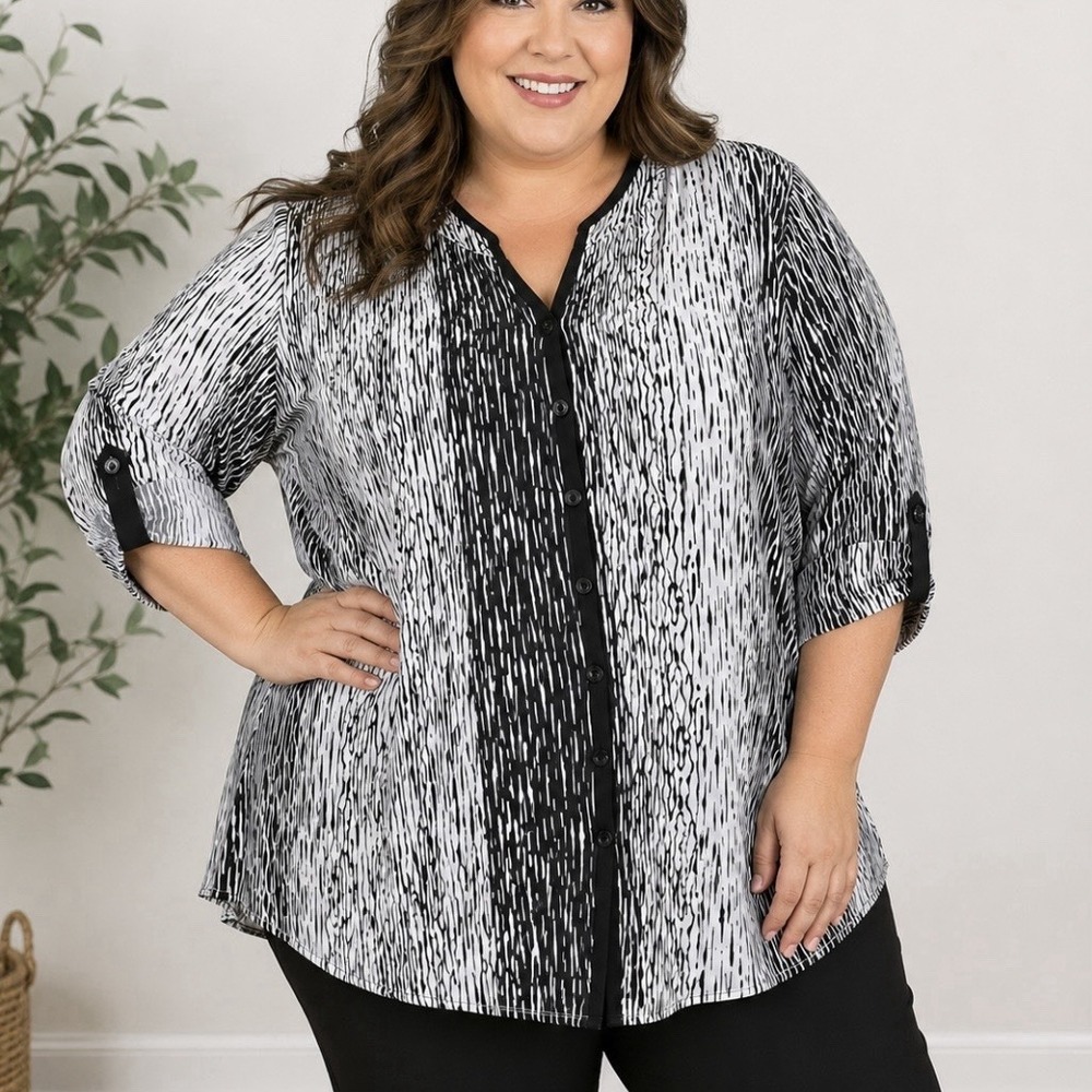 Catherines White Black Button Up 3/4 Sleeve Y Neck Blouse Size 4X